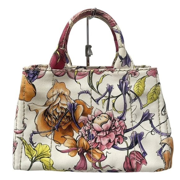 PRADA Canapa - White Pink Multi Canvas Tote Bag 554-050625 - Picture 1 of 9
